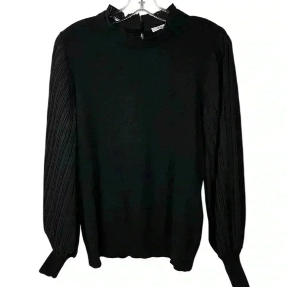 Sioni Women's Black Sheer Pleated Sleeve Mock Neck Blouse Size M - Picture 1 of 13